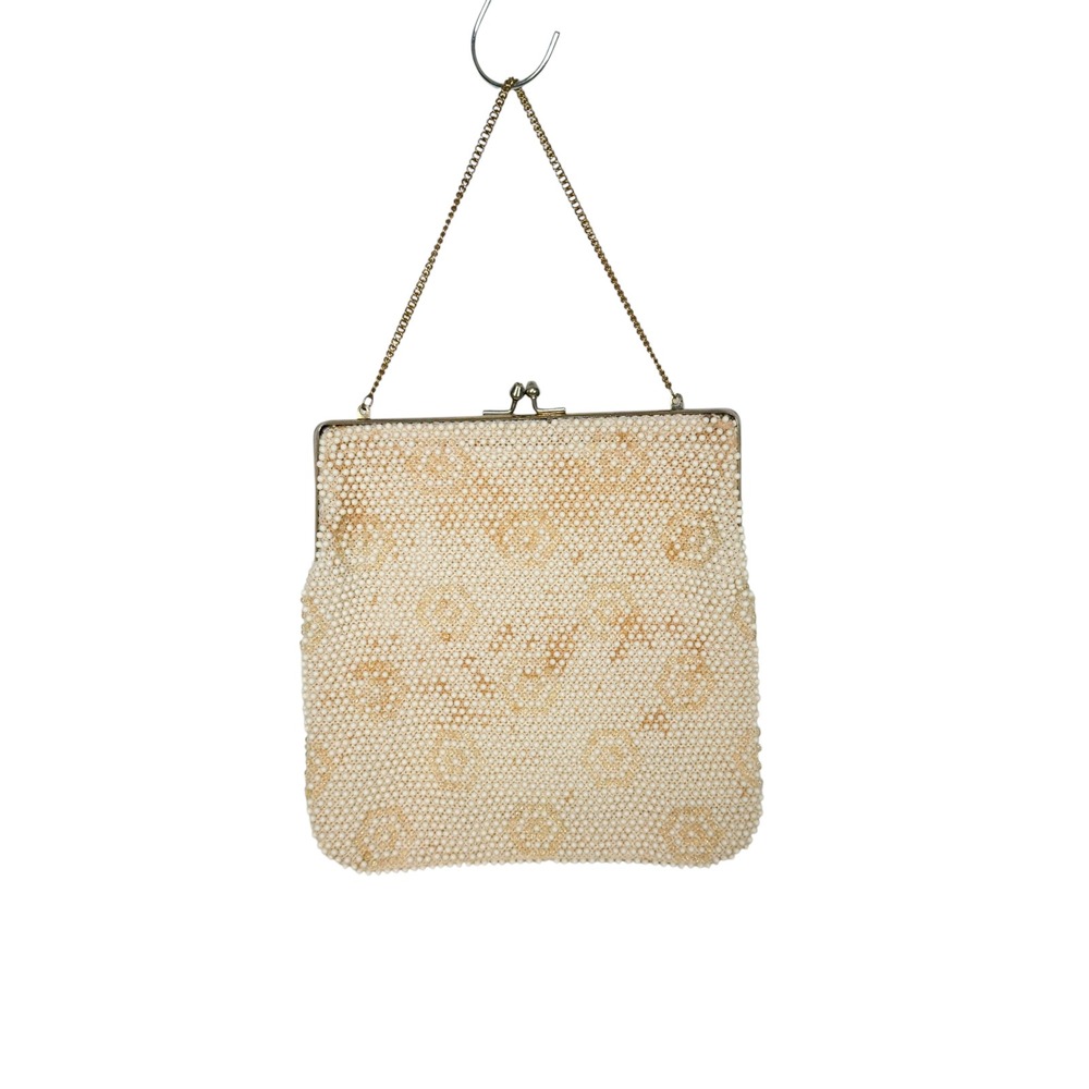 Vintage Beaded Handbag OS Cream Floral Gold Chain Kiss Lock Retro Evening Bag